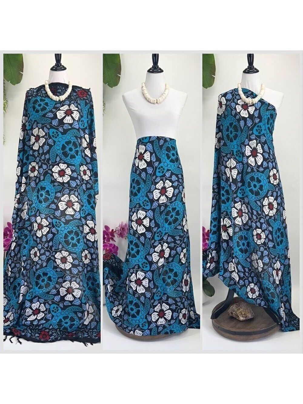 Honu Hibiscus Tropical  Black Blue White MAXI SARONG Kīkepa Pareo Beach Wrap Ski